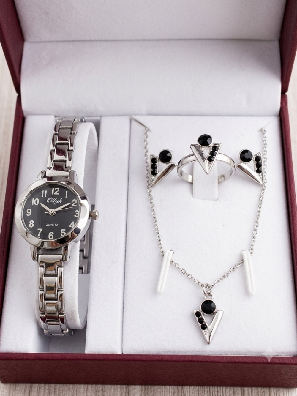 ONYK Women's Silver Tone Watch and Black Jewelry Set NIB